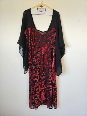 90s Homemade Red Floral Velvet Midi Dress